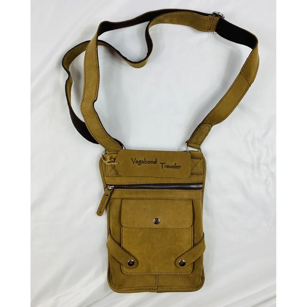 Vagabond Traveler Thick Cowhide Leather Crossbody Bag Brown Travel Purse Mens